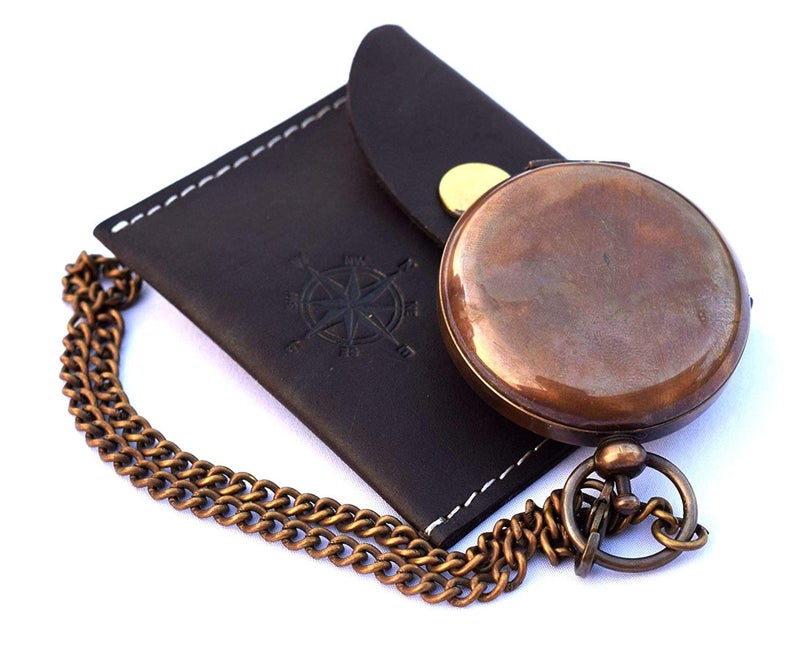 THOR INSTRUMENTS Handmade Nautical Brass Push Open Compass On Chain with Leather Case, Pocket Compass, Gift Compass Rustic Vintage Home Decor Gifts - Image 2